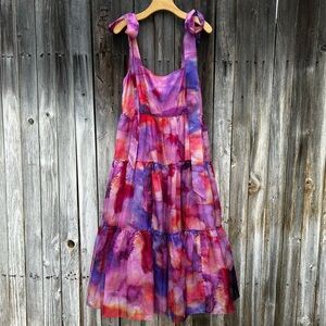 Anthropologie Geisha Designs Isabella Tiered Square Neck A Line Midi Dress Pink